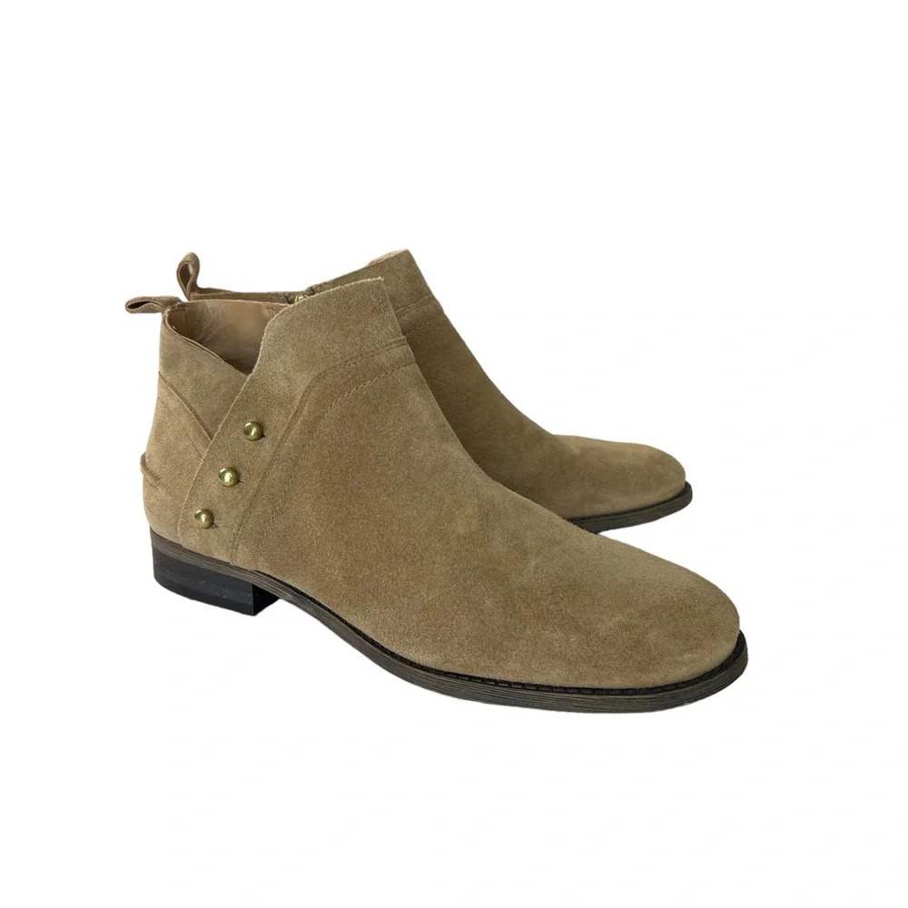 Franco Sarto Kelton Women’s 8.5 Ankle Boots Suede Leather Booties Tan Zip Gold